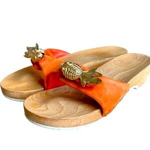 Dr Scholl x Celine wooden clogs, gold fish detail size 8.5 y2k vintage Celine